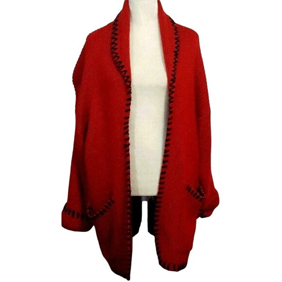 Womens Vintage Longline Open Cardigan Sweater Heavy Mohair Acrylic Fuzzy Red - Picture 3 of 10